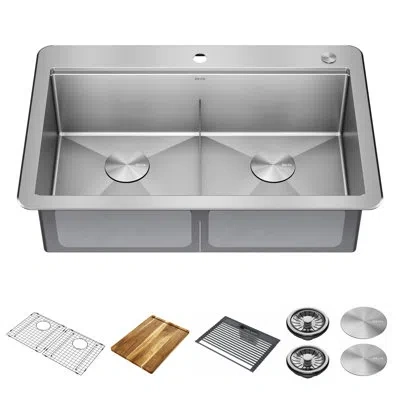 Delta Lorelai™ 33" L Workstation Kitchen Sink Drop-in Top Mount 16 Gauge Stainless Steel Double Bowl In Satin