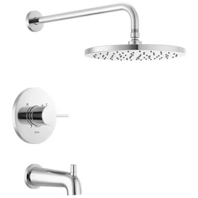 Delta Modern Raincan Round Single-function Tub And Shower Faucet Set, Valve Trim Kit, Rainfall Shower Head In Chrome