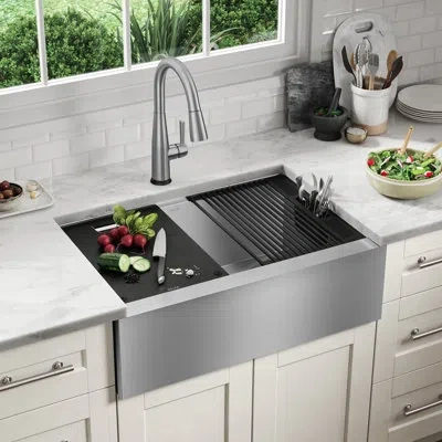 Delta Rivet™ 30" L Workstation Farmhouse Apron Front Kitchen Sink Undermount 16 Gauge Stainless Steel Sing In Silver