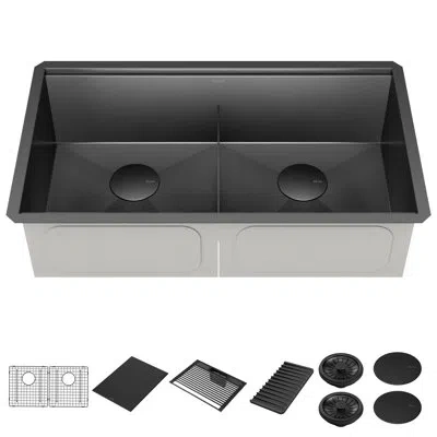 Delta Rivet™ 33" L Black Stainless Steel Undermount 16 Gauge Workstation Kitchen Sink Double Bowl In Pvd,gunmetal
