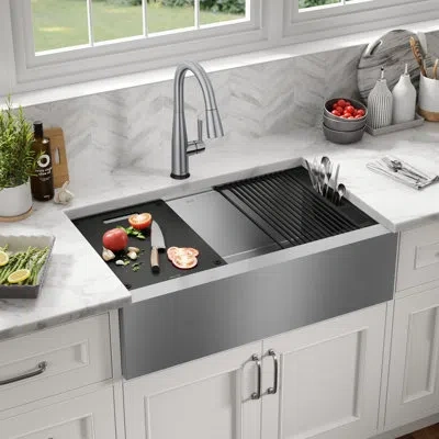 Delta Rivet 33" L Workstation Farmhouse Apron Front Kitchen Sink Undermount 16 Gauge Stainless Steel Singl In Silver