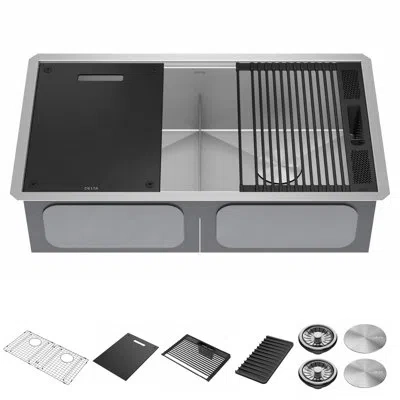 Delta Rivet™ 33" L Workstation Kitchen Sink Undermount 16 Gauge Stainless Steel 50/50 Double Bowl