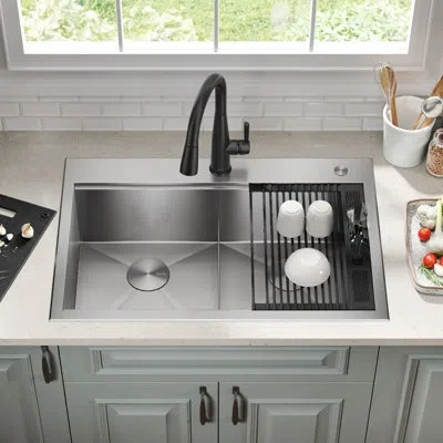 Delta Rivet™ 33" L Workstation Kitchen Sink Drop-in Top Mount 16 Gauge Stainless Steel 50/50 Double Bowl