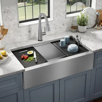 Delta Rivet™ 36" L Workstation Farmhouse Apron Front Kitchen Sink Undermount 16 Gauge Stainless Steel Sing In Silver