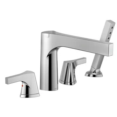 Delta Zura Double Handle Deck Mounted Roman Tub Faucet Trim With Diverter And Handshower In Chrome