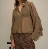Deluc Bradley Ruffle-cuff Blouse In Sheer Olive In Brown
