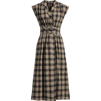 Deluc Elton Plaid Cotton Midi Dress In Gold