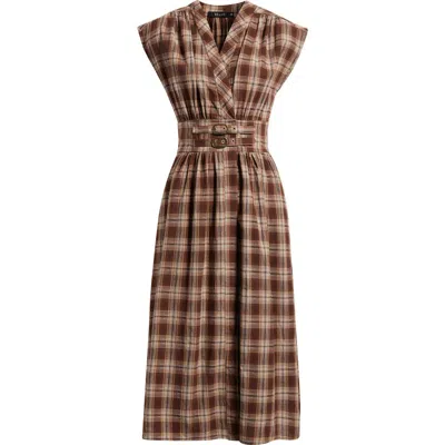 Deluc Elton Plaid Cotton Midi Dress In Brown