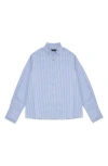 Deluc Oscar Ruffle Trim Stripe Cotton Blend Button-up Shirt In Blue
