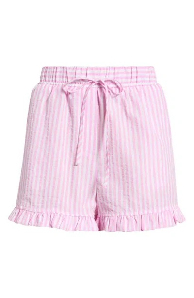 Deluc Stripe Ruffle Hem Shorts In Pink