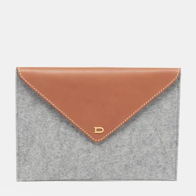 Pre-owned Delvaux Envelope Flap Grey/brown Leather And Wool Clutch In Gray