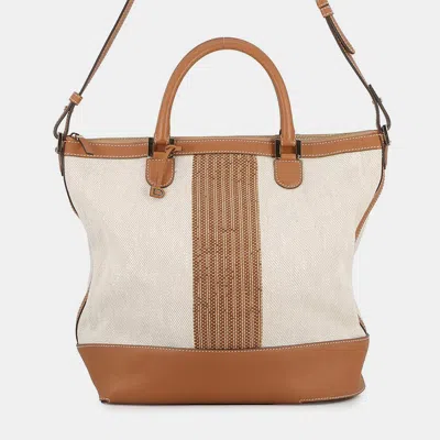 Pre-owned Delvaux Every D 2-way Tote Bag Beige/brown Canvas Leather In Sand