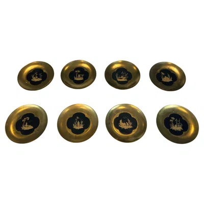 Pre-owned Delvaux Paris Set Of 8 Gilt Porcelain Plates With Gilt Chinoiserie Decoration On A Black Groun