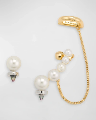 Demarson Mariah Faux Pearl Chain Climber Earring Set In Gold Pearl