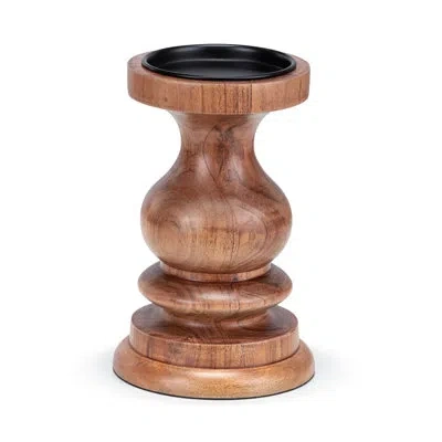 Demdaco Acacia Wood Small Pillar Candle Holder - 5x8in In Brown