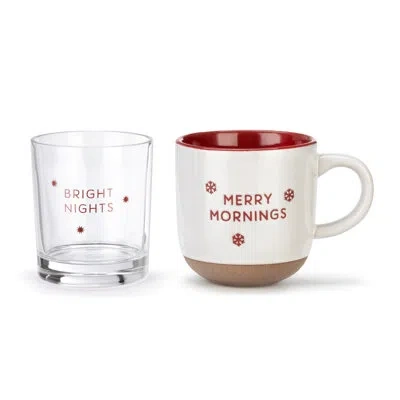 Demdaco Christmas Eve/morning Mug And Glass Set - Merry & Bright In White;red