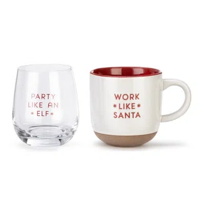 Demdaco Christmas Eve/morning Mug And Glass Set - Santa & Elf In White;red