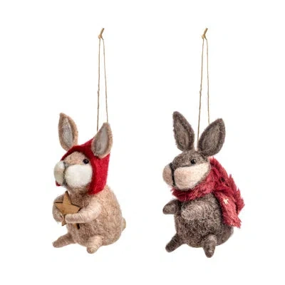 Demdaco Felted Rabbit Ornaments Set Of 2 - 2x4in In Brown