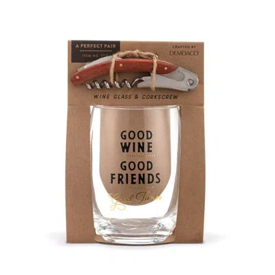 Demdaco Good Friends Wine Glass & Corkscrew Set - 10oz In White