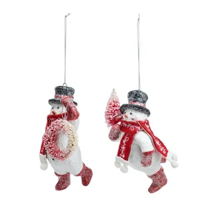 Demdaco Sparkly Snowmen Ornaments With Bottle Brush 2 Assorted - 2x5in In White;red