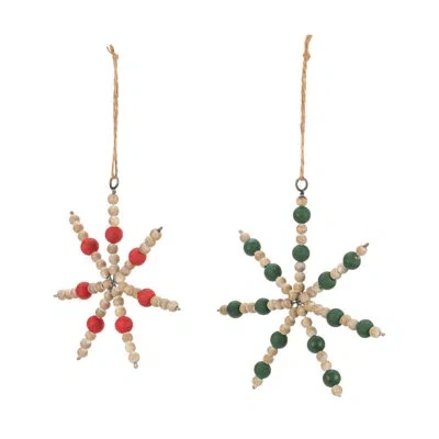 Demdaco Wood Bead Snowflake Ornaments - 2 Assorted In White;green;red