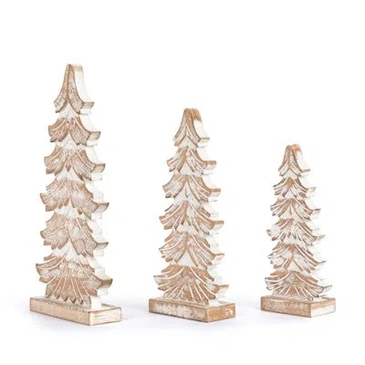 Demdaco Wood Whitewashed Flocked Trees - 3 Assorted