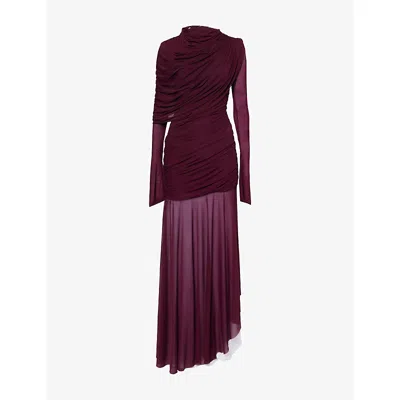 Deme Womens Aubergine Isla Draped Stretch-mesh Maxi Dress In Purple