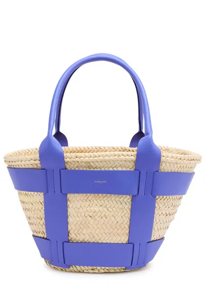 Demellier Santorini Leather And Raffia Basket Bag In Blue