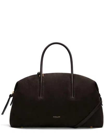 Demellier Stockholm Midi Suede Handbag With Zip Closure And Logo In Brown