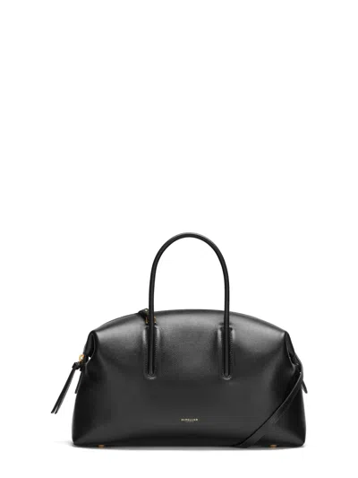 Demellier Structured Midi Handbag With Adjustable Strap, Gold Logo & Ykk Zip In Black