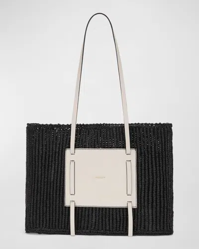 Demellier The Capri Raffia & Leather Tote Bag In Black Raffia Off White Smooth