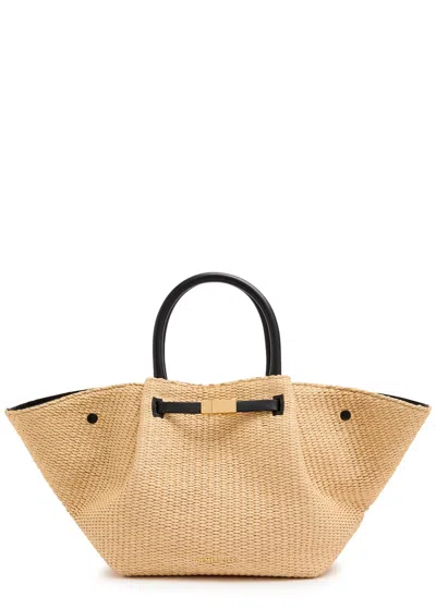 Demellier The New York Midi Raffia And Leather Tote In Brown