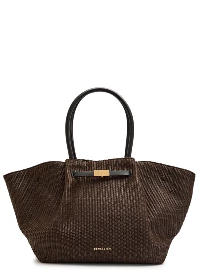 Demellier The New York Raffia And Leather Tote In Dark Brown