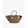 Demellier Midi New York Leather Tote Bag In Olive W/ecru Stitching