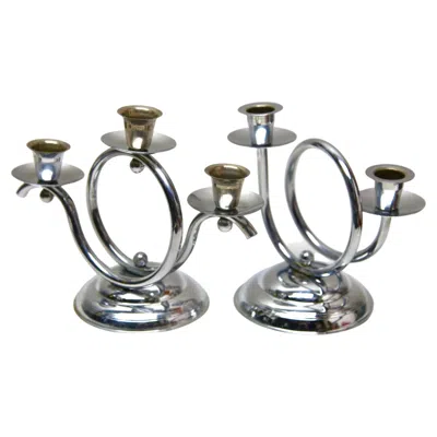 Pre-owned Demeyere Art Deco  Chrome Set Of 2 Of Candlesticks, Belgium 1930s In Gray
