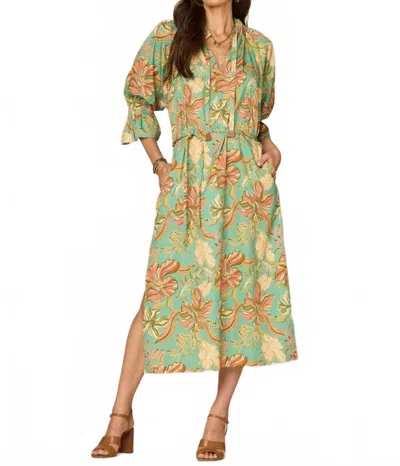 Democracy 3/4 Sleeve Ruched Neck Printed Dress In Sea Glass Multi