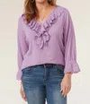 DEMOCRACY 3/4 SLEEVE RUFFLE TRIM TOP IN ORCHID BLOOM
