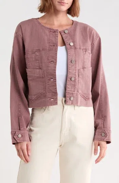 Democracy Barrel Sleeve Denim Moto Jacket In Washed Rose Taupe