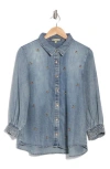 Democracy Beaded Front Chambray Button-up Shirt In Light Blue