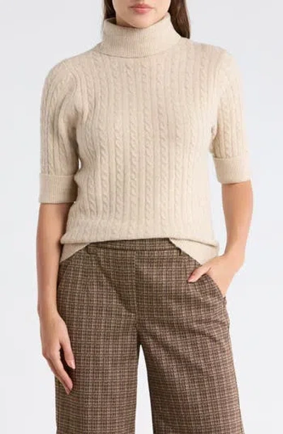 Democracy Cable Knit Elbow Sleeve Turtleneck Sweater In Sand