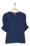 Democracy Cinched Sleeve Cotton V-neck Top In Navy