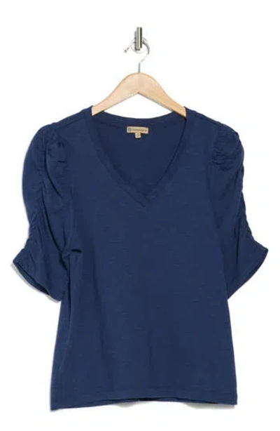 Democracy Cinched Sleeve Cotton V-neck Top In Navy