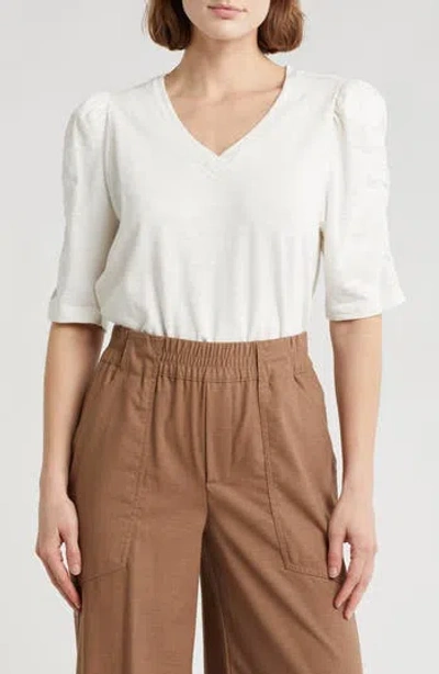 Democracy Cinched Sleeve Cotton V-neck Top In Off White
