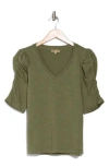 Democracy Cinched Sleeve Cotton V-neck Top In Rolling Hill Green
