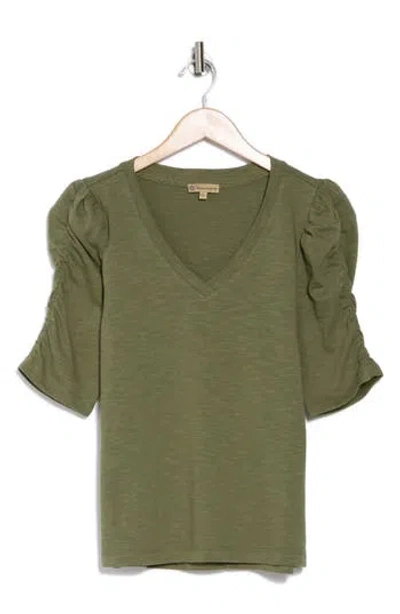 Democracy Cinched Sleeve Cotton V-neck Top In Rolling Hill Green