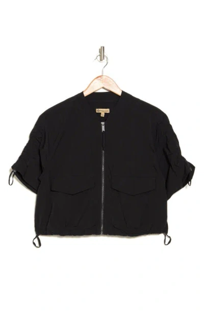 Democracy Cinched Tie Short Sleeve Bomber Jacket In Black