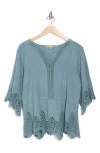 Democracy Crochet Cotton Peplum Top In Dusty Blue