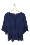 Democracy Crochet Cotton Peplum Top In Navy