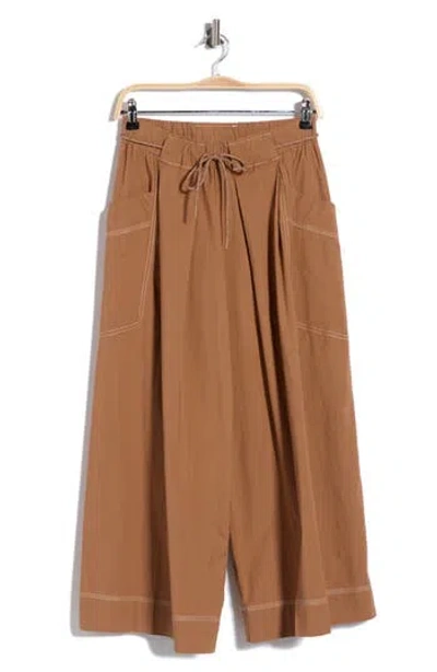 Democracy Cropped Wide Leg Poplin Pants In Brown