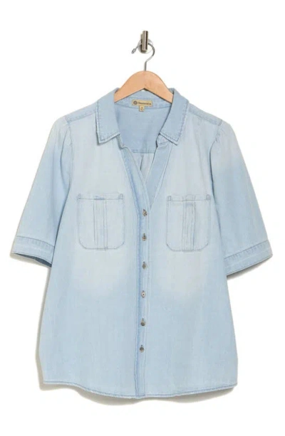 Democracy Denim Short Sleeve Button-up Shirt In Light Blue